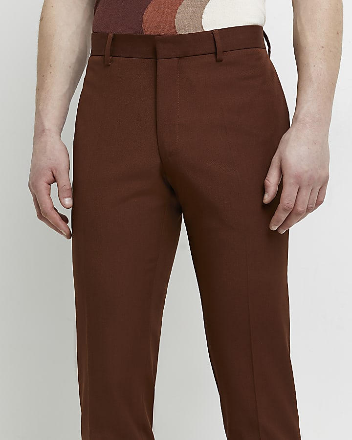 Brown slim fit twill suit trousers