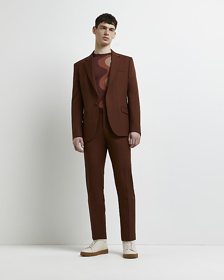 Brown slim fit twill suit trousers