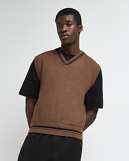 Brown slim fit v neck knitted vest