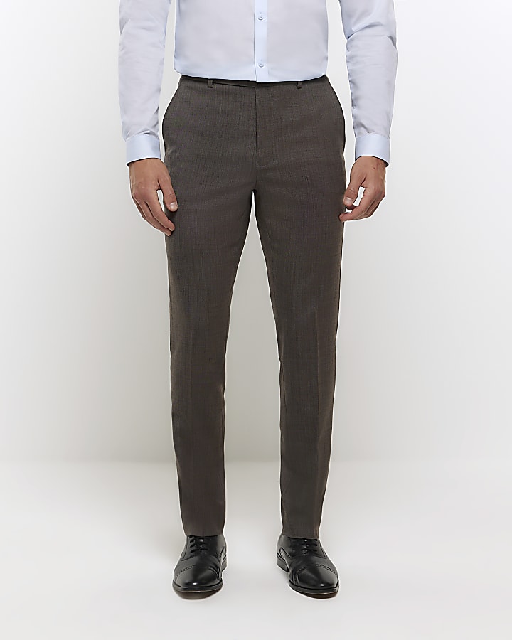 Brown slim fit wool blend suit trousers