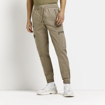 Brown slim fit zip pocket cargo trousers