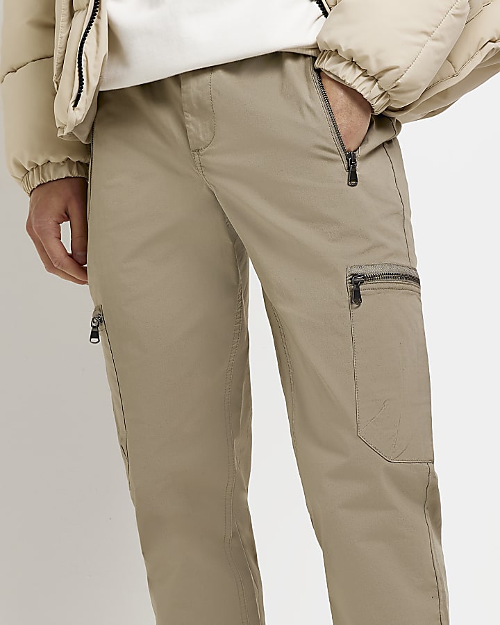 Brown slim fit zip pocket cargo trousers