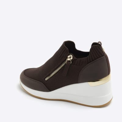 Brown slip on wedge trainers | River Island