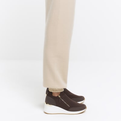 Brown slip on wedge trainers | River Island