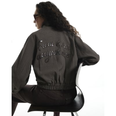 Brown Slogan Check Bomber Jacket