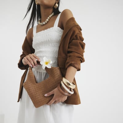 Brown Small Raffia Charm Tote Bag