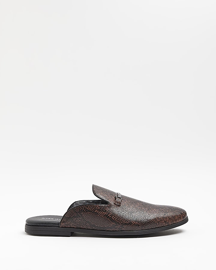 Brown Snake Embossed Backless Loafers