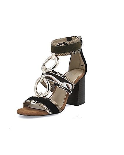 360 degree animation of product Brown snake print block heel sandals frame-0