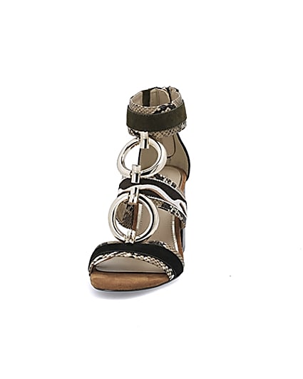 360 degree animation of product Brown snake print block heel sandals frame-22