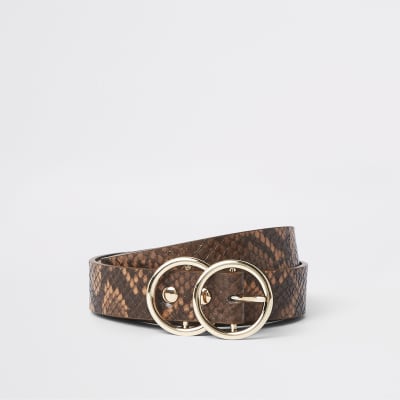 Brown snake print double ring mini jeans belt