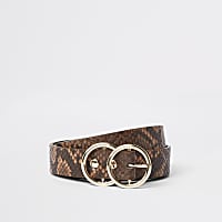 Brown snake print double ring mini jeans belt