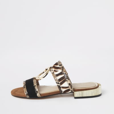 Brown snake print flat Mule sandal 