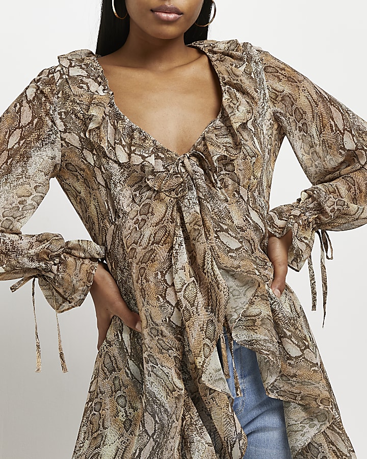Brown snake print longline blouse