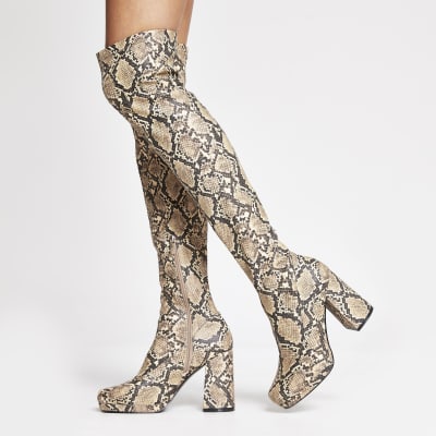 grey snake print over the knee boots