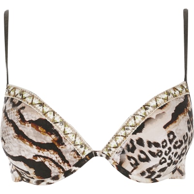 Brown snake print plunge bikini top