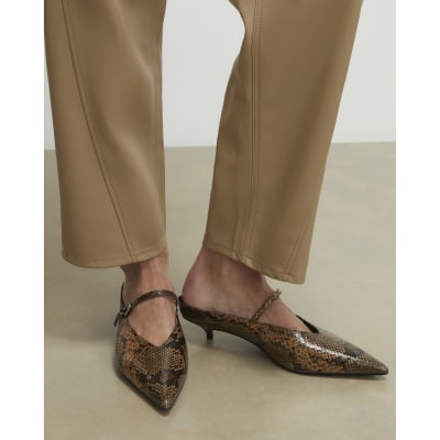 Brown Snake Print Pointed Mule Court Heels
