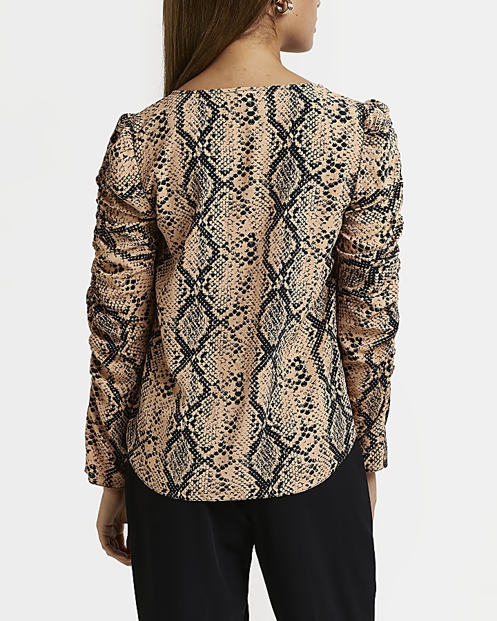 Brown snake print ruched top