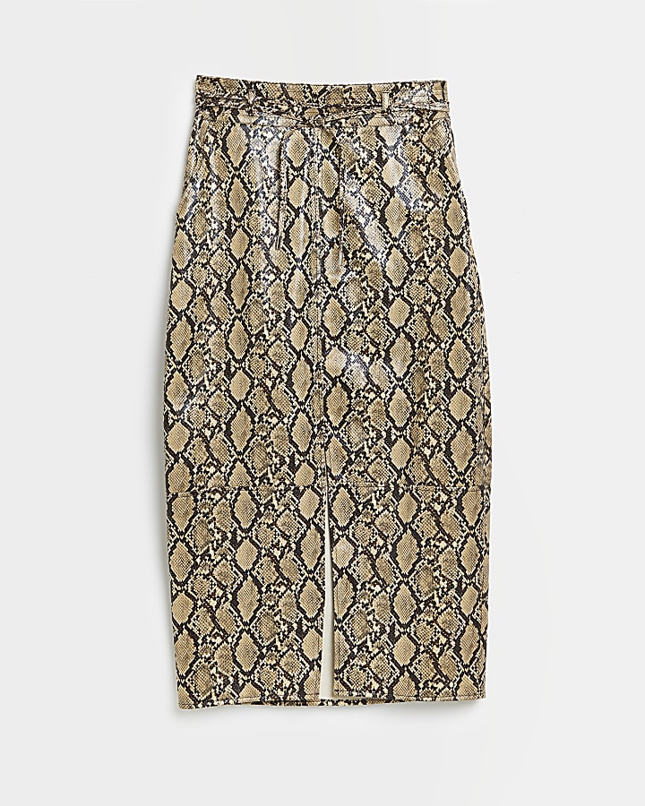 Brown snake printed faux leather midi skirt