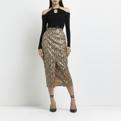 Brown Snake Printed Faux Leather Midi Skirt