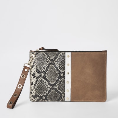 Brown snake suede leather pouch clutch bag