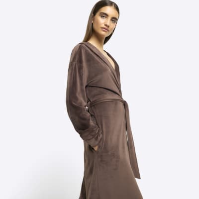Brown soft hooded dressing gown River Island