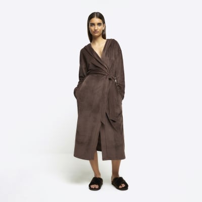 Brown soft hooded dressing gown River Island