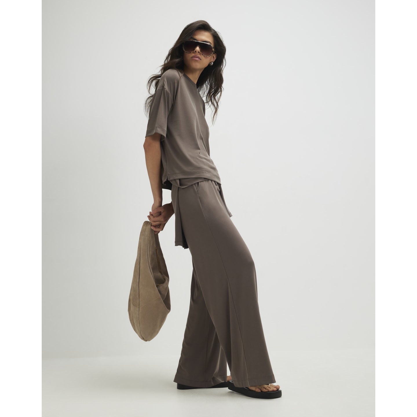 River Island Brown Soft Touch Wide Leg Trousers — photo 1 of 1