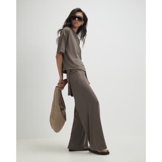 River Island Brown Soft Touch Wide Leg Trousers