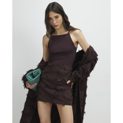 Brown Spot Fringe Mini Skirt