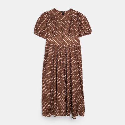Brown spot satin midi swing dress River Island