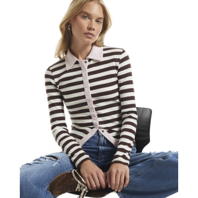 Stipe Ribbed Popper Polo Top