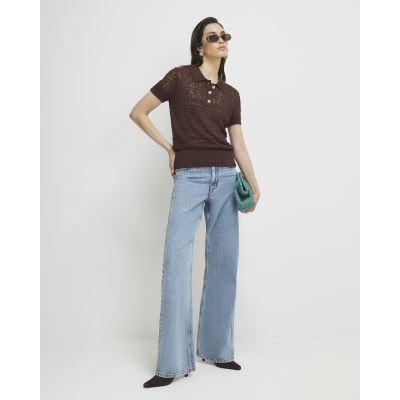 Brown Stitched Knit Polo Top