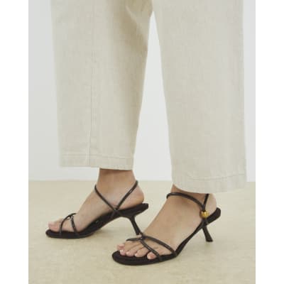 Brown Strappy Gold Trim Slanted Heel Sandals