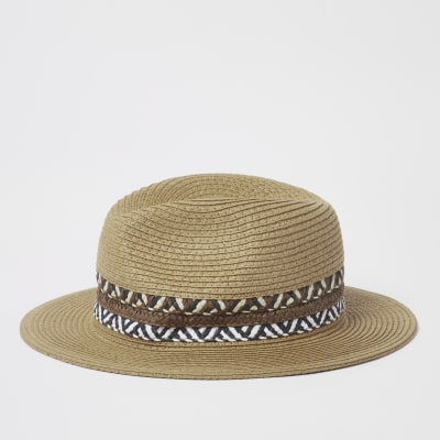 Brown straw trilby hat