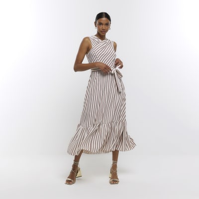 Brown stripe belted midi dress | River Island