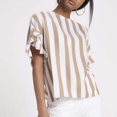 Brown stripe frill sleeve top