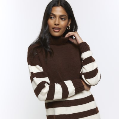 Brown stripe jumper midi dress River Island