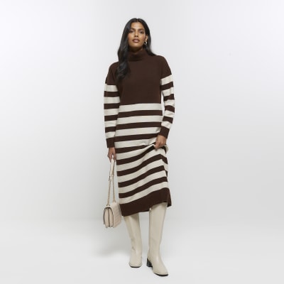 Brown stripe jumper midi dress | River Island