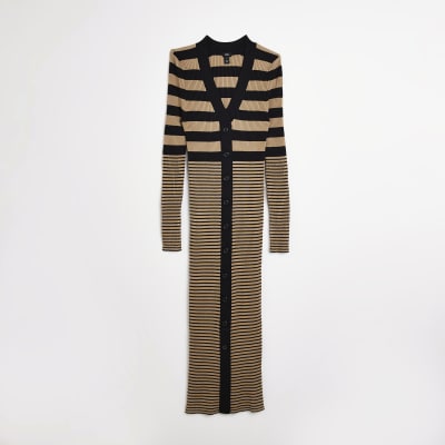 Brown stripe knit long sleeve midi dress
