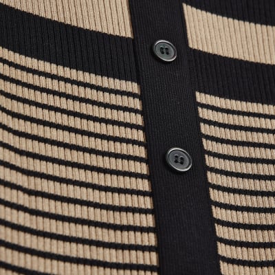 Brown stripe knit long sleeve midi dress