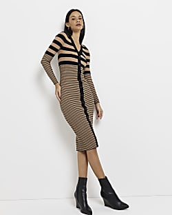 Brown stripe knit long sleeve midi dress