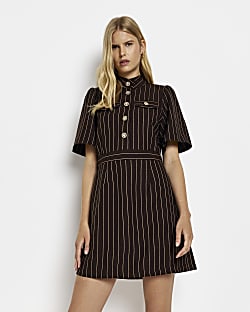 Brown stripe mini shirt dress