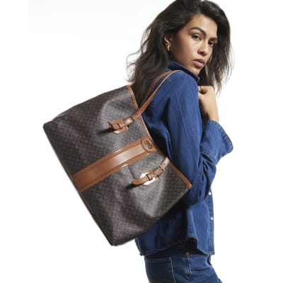 Brown Stripe Panel Monogram Shopper Bag