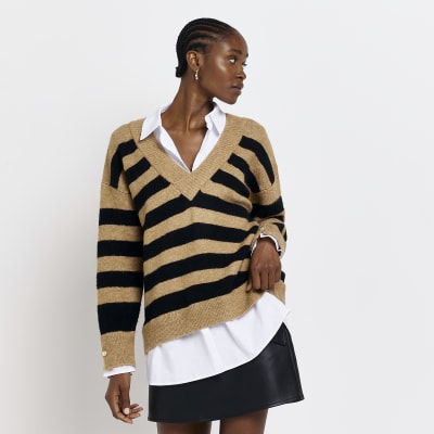 Brown stripe shirt jumper | River Island