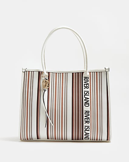 Brown striped canvas shopper bag
