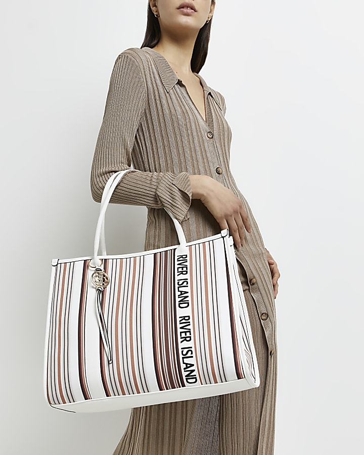 Brown striped canvas shopper bag