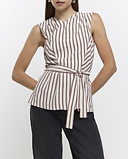 Brown striped cross front blouse
