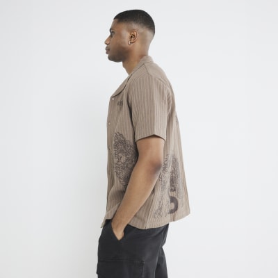 Brown Striped Dragon Embroidered Shirt