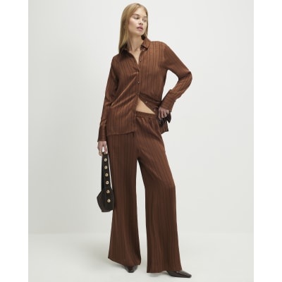 Brown Striped Satin Wide Leg Trousers