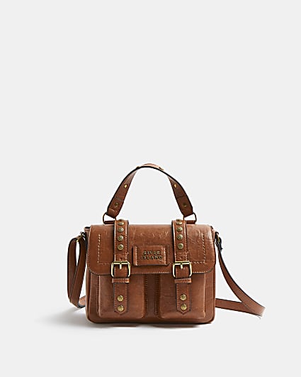 Brown studded mini satchel bag
